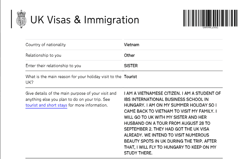 cách điền tờ khai visa Anh